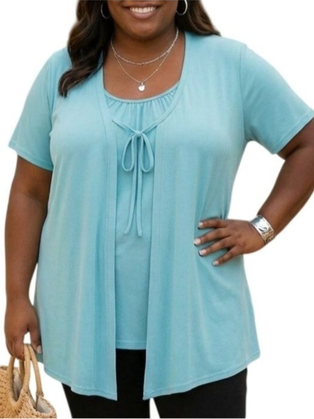 Designers Originals Size 1X Top Tie Front Light Blue Layered Short-Sleeve